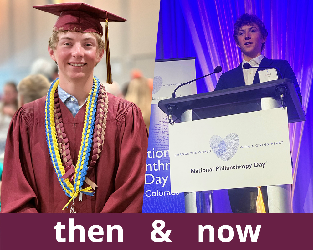 photo of graduate and receiving an award for philanthropy