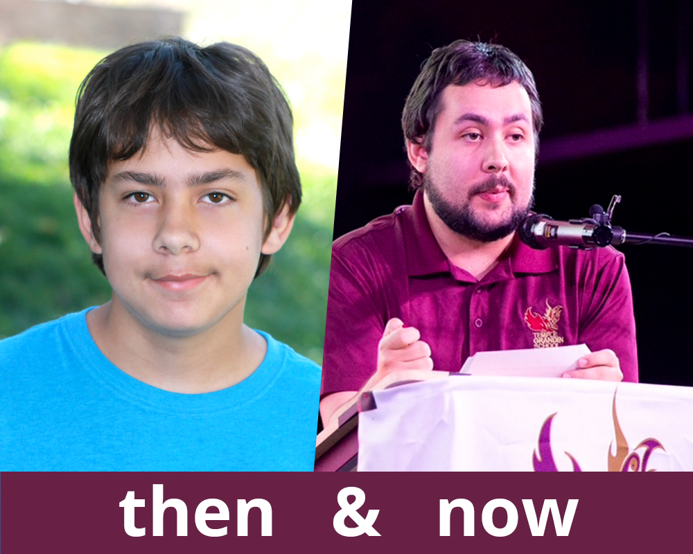 before and after image of a student at TGS and as an alumni giving a speech